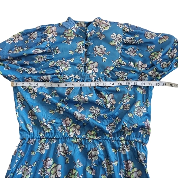 Vintage 70s Sears Bluson Wide Sleeve Blue Cherry Blossom Floral Day Dress 12 - Picture 9 of 12